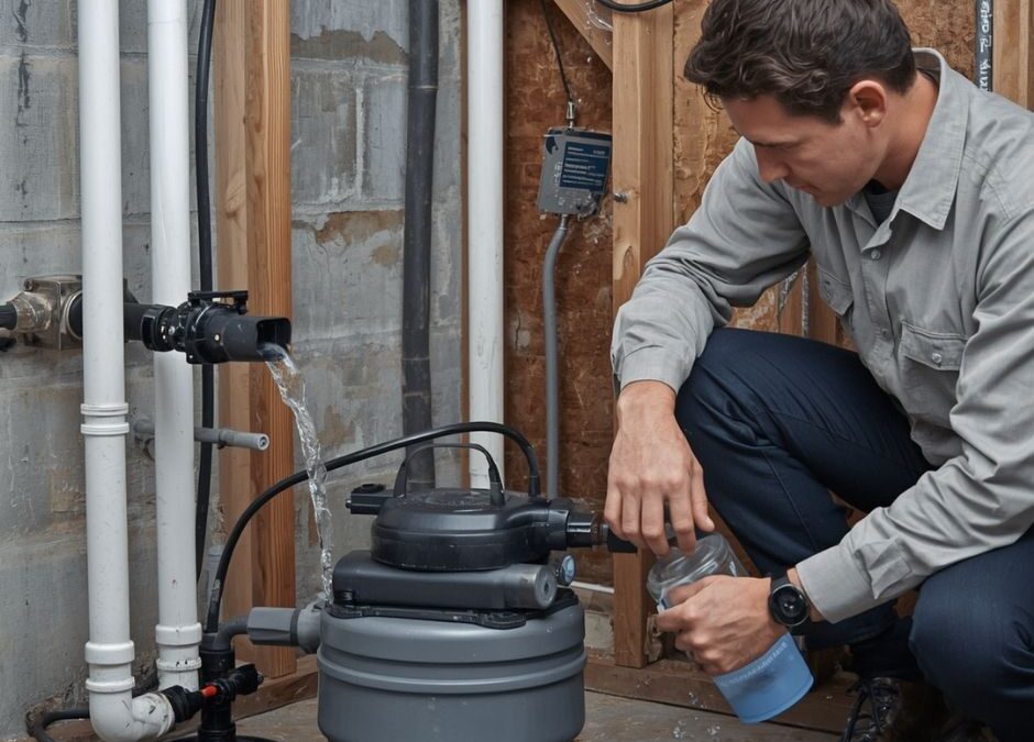 A man in a utility room squats beside a gray water filtration system, holding a plastic container while water flows from a black pipe into the unit - www.everettandsons.com
